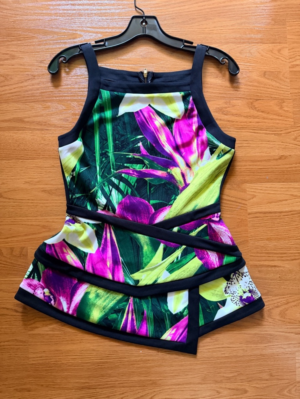 Floral Peplum Tank Top - Black Trim with Fuchsia & Green Print